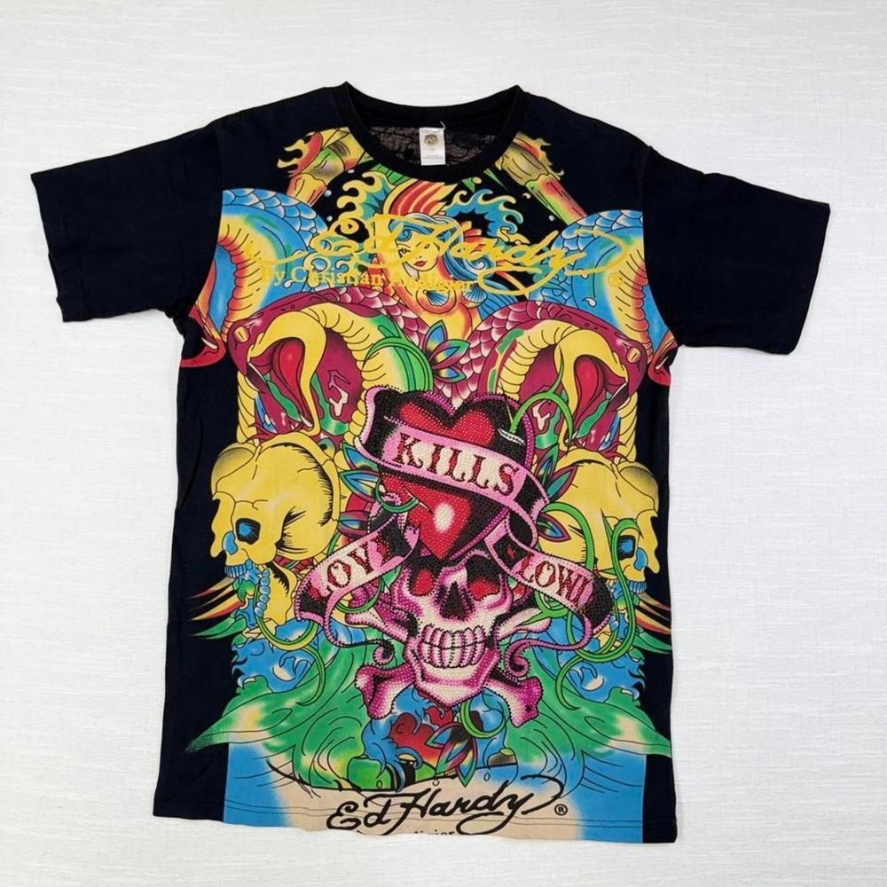 Ed Hardy Love Kills Slowly Vintage Y2K Skull Graphic Tee Mens M Black Rhinestone